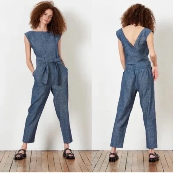 OZMA Small Hemp Heather Blue Tie Back Matador Wrap Jumpsuit - Picture 1 of 12